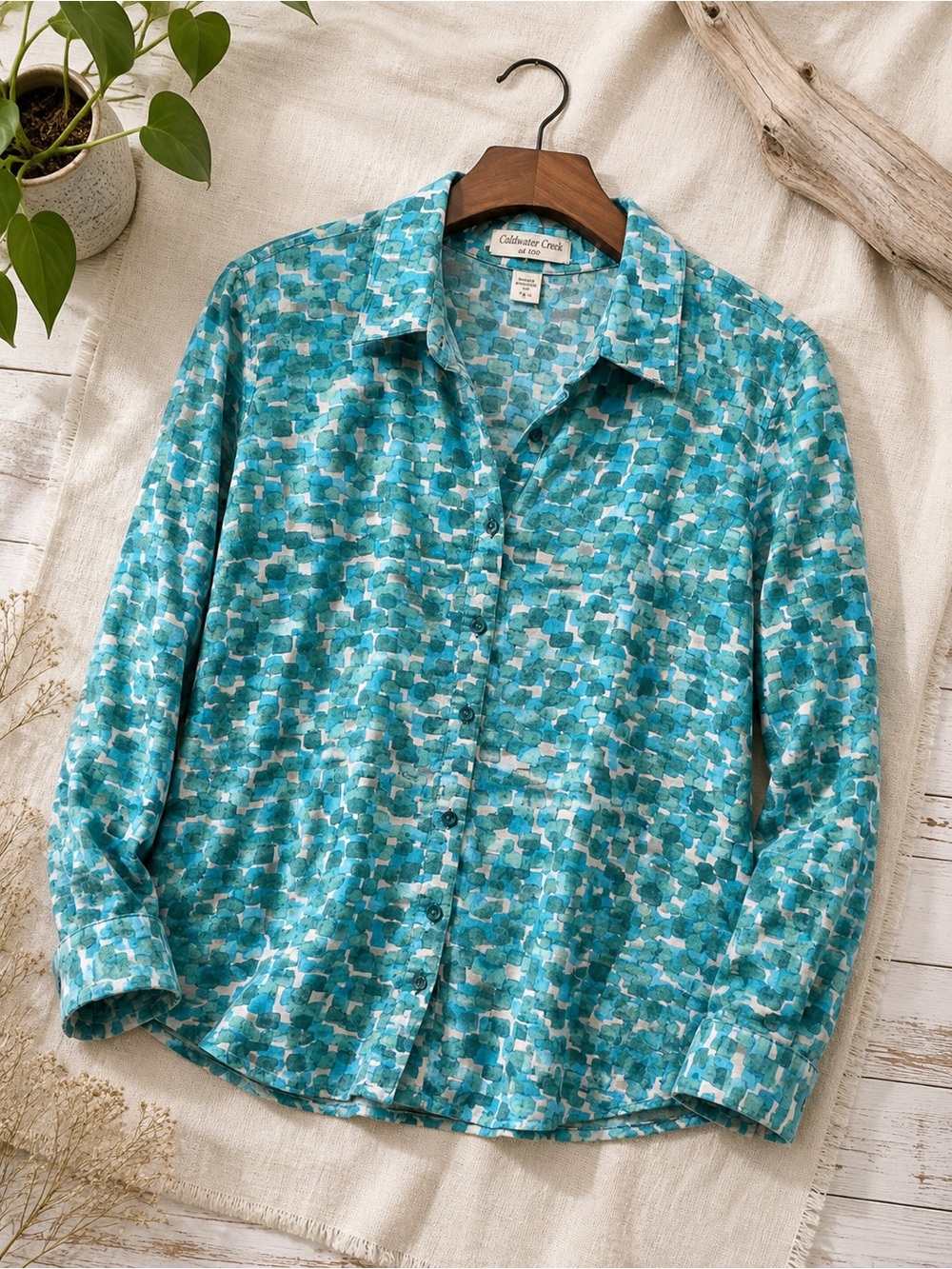 Coldwater Creek Turquoise Teal Abstract Print Button-Down 100% No Iron Shirt M